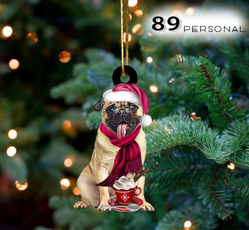 Pug Dog Holding a Christmas Present Ornament