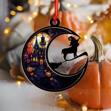 Bulldog witch broom halloween - Personalized Suncatcher Ornament, Halloween Suncatcher Ornament