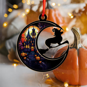 Corgi witch broom halloween - Personalized Suncatcher Ornament, Halloween Suncatcher Ornament