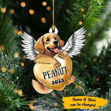 Cute Golden Retriever Heart Wings - Personalized Printed Wood Ornament, Christmas Wood Ornament
