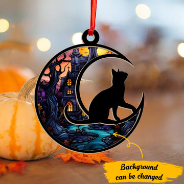 Black Cat Halloween Moon - Personalized Suncatcher Ornament, Halloween Suncatcher Ornament