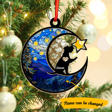 Schnauzer night sky moon - Personalized Suncatcher Ornament, Christmas Suncatcher Ornament