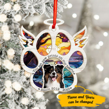 Australian Shepherd You Left Paw Prints on Our Hearts - Personalized Suncatcher Ornament, Christmas Suncatcher Ornament