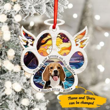 Beagle You Left Paw Prints on Our Hearts - Personalized Suncatcher Ornament, Christmas Suncatcher Ornament