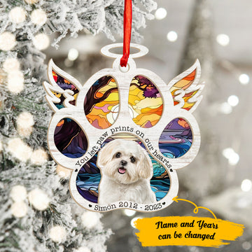 Shih tzu You Left Paw Prints on Our Hearts - Personalized Suncatcher Ornament, Christmas Suncatcher Ornament