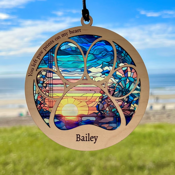 Dog Memorial Sunrise Mosaic you left paw prints on my heart - Personalized Suncatcher Ornament, Loss of Pet Sympathy Gift