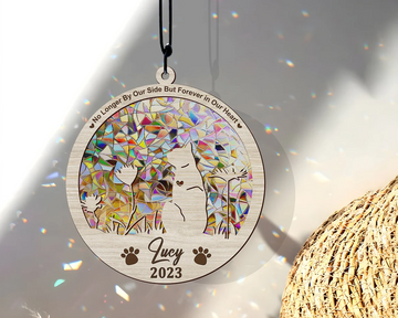 Cat Suncatcher With Rainbow no longer by our side but forever in our heart - Personalized Suncatcher Ornament, Loss of Pet Sympathy Gift