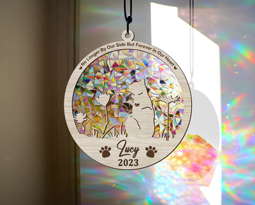 Cat Suncatcher With Rainbow no longer by our side but forever in our heart - Personalized Suncatcher Ornament, Loss of Pet Sympathy Gift