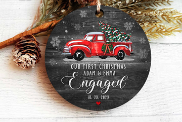 Red Truck Our First Christmas Engaged - Personalized Ceramic Ornament, Christmas Ornament