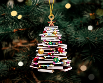 Christmas Book Tree Ornament, Book Lover Christmas Ornament - Shaped two sides ornament
