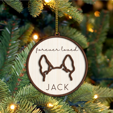 Dog Ear Memorial Forever Loved, Custom Dog Line Drawing Ear Line Art - Personalized 2 Layered Wooden Ornament, Christmas Wood Ornament