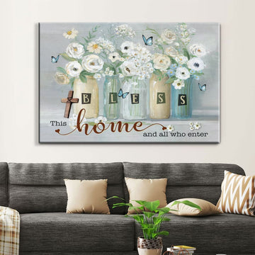 Jesus Bless this home and all who enter Butterfly flower Cross - Matte Canvas
