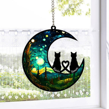 Couple Cat sitting on the Moon - Personalized Suncatcher Ornament, Christmas Suncatcher Ornament