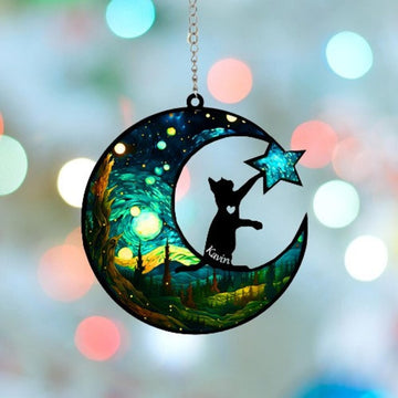 Cat and Moon catch the star - Personalized Suncatcher Ornament, Christmas Suncatcher Ornament