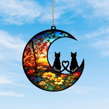 Couple Cat colorful flowers - Personalized Suncatcher Ornament, Christmas Suncatcher Ornament