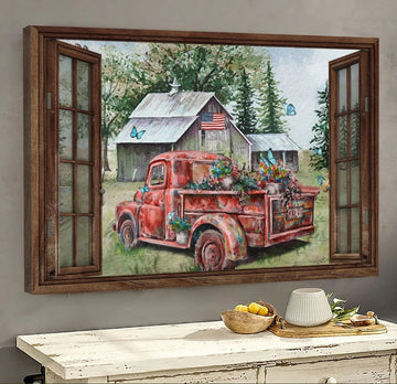 Red truck painting, Green meadow with vintage house - Matte Canvas