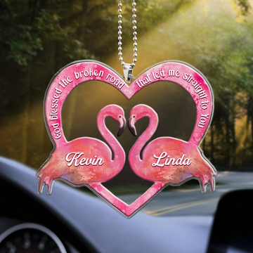 Flamingo Couple Heart God Blessed Personalized Name - Two Sided Ornament