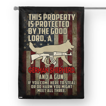 German Shepherd Property protected by good lord, dachshund and gun Independence Day - House Flag