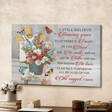Watercolor Flowers Vase Old Rugged Cross Butterfly - Matte Canvas
