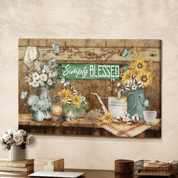 SIMPLY BLESSED, SUNFLOWER, WHITE FLOWER, BLUE BUTTERFLY - Matte Canvas