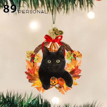 Black Cat With Autumn Wreath Halloween Decor - Two Sided Ornament
