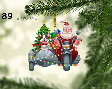 French Bulldog With Santa Claus On Motorcycle Christmas Decor - Two Sided Ornament