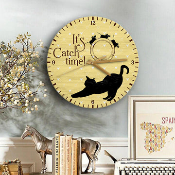 Cat Lovers It's Catch Time Wooden Clock
