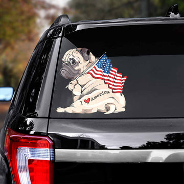 Cute Pug I love America American flag - Decal