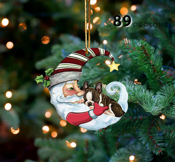 Boston Christmas Santa Claus Moon Hug Your Pet Christmas Holiday - One Sided Ornament