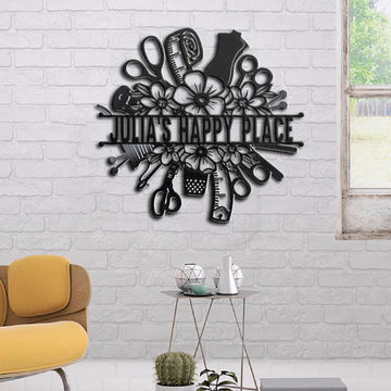 Custom Happy Place Sewing Lovers - Personalized Cut Metal Sign