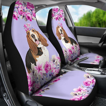 CUTE BASSET HOUND PURPLE FLOWER - CAR SEAT COVERS