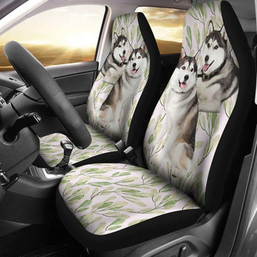 CUTE SIBERIAN HUSKY GREEN LEAVES PATTERN - CAR SEAT COVERS