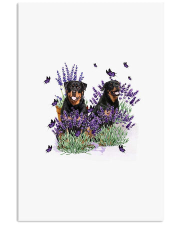 Rottweiler with lavender flower poster