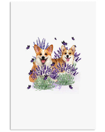 Corgi with lavender flower poster