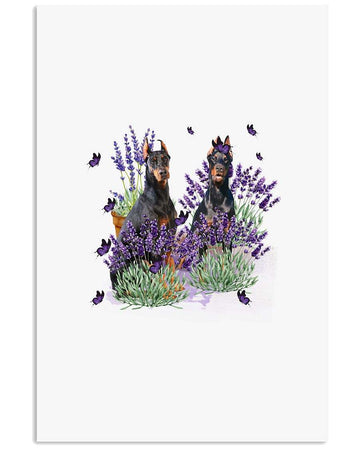 Doberman Pinscher with lavender flower poster