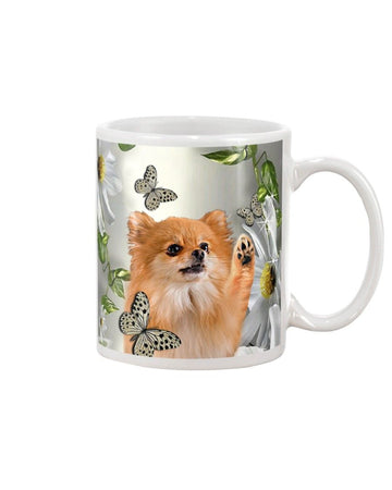 Pomeranian daisy and butterfly face Mug White 11Oz