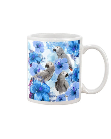 African Grey Parrot Blue Flower Mug White 11Oz