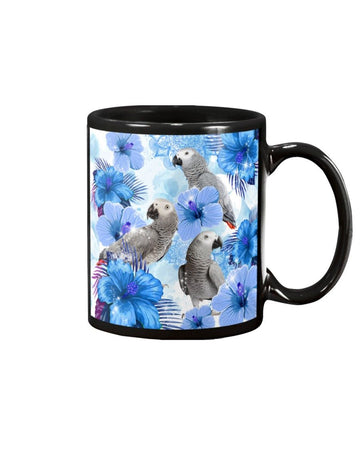 African Grey Parrot Blue Flower Mug White 11Oz