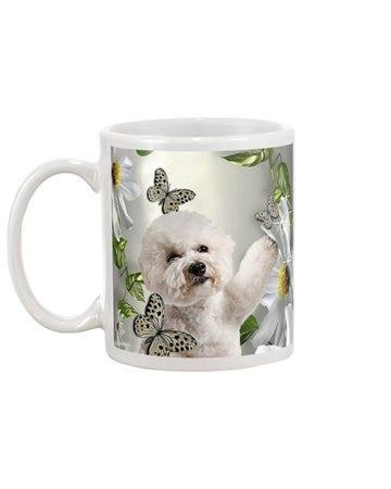 bichon frise daisy and butterfly face Mug White 11Oz