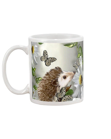 hedgehog daisy and butterfly Mug White 11Oz