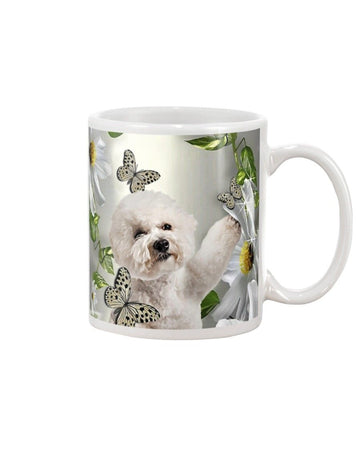 bichon frise daisy and butterfly face Mug White 11Oz