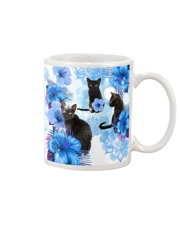 Cat Blue Flower  Mug White 11Oz