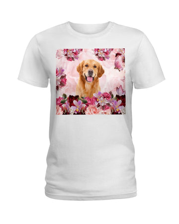 fn golden retriever pink flowers white t-shirt