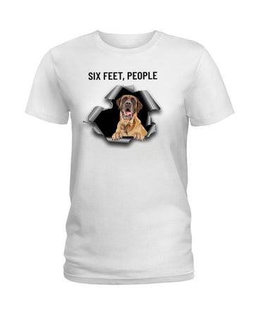 English Mastiff six feet people white t-shirt