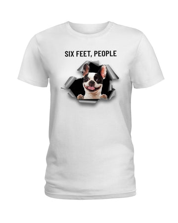 French Bulldog six feet people white t-shirt