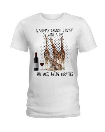 Giraffes a woman cannot survive on wine alone white t-shirt