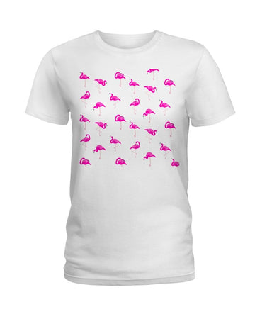 flamingo pink background chibi white t-shirt