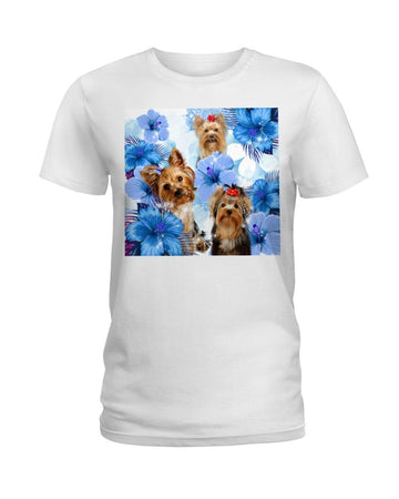 Blue Flower Yorkshire Terrier white t-shirt