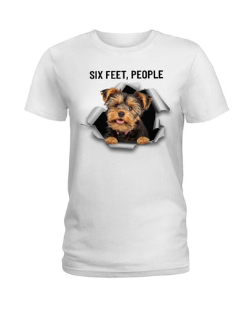 yorkshire terrier six feet people white t-shirt