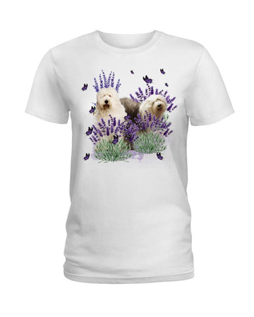 Old English Sheepdog With lavender flower white t-shirt